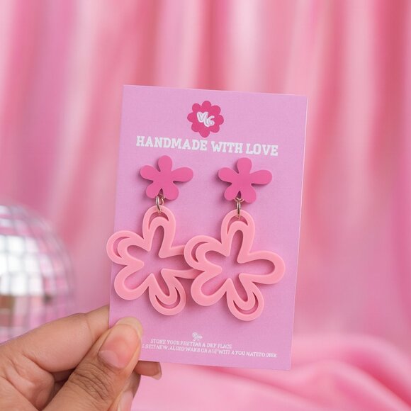 Pink Flower Earrings | Cute Retro Floral Statement Jewelry - Picture 1 of 3